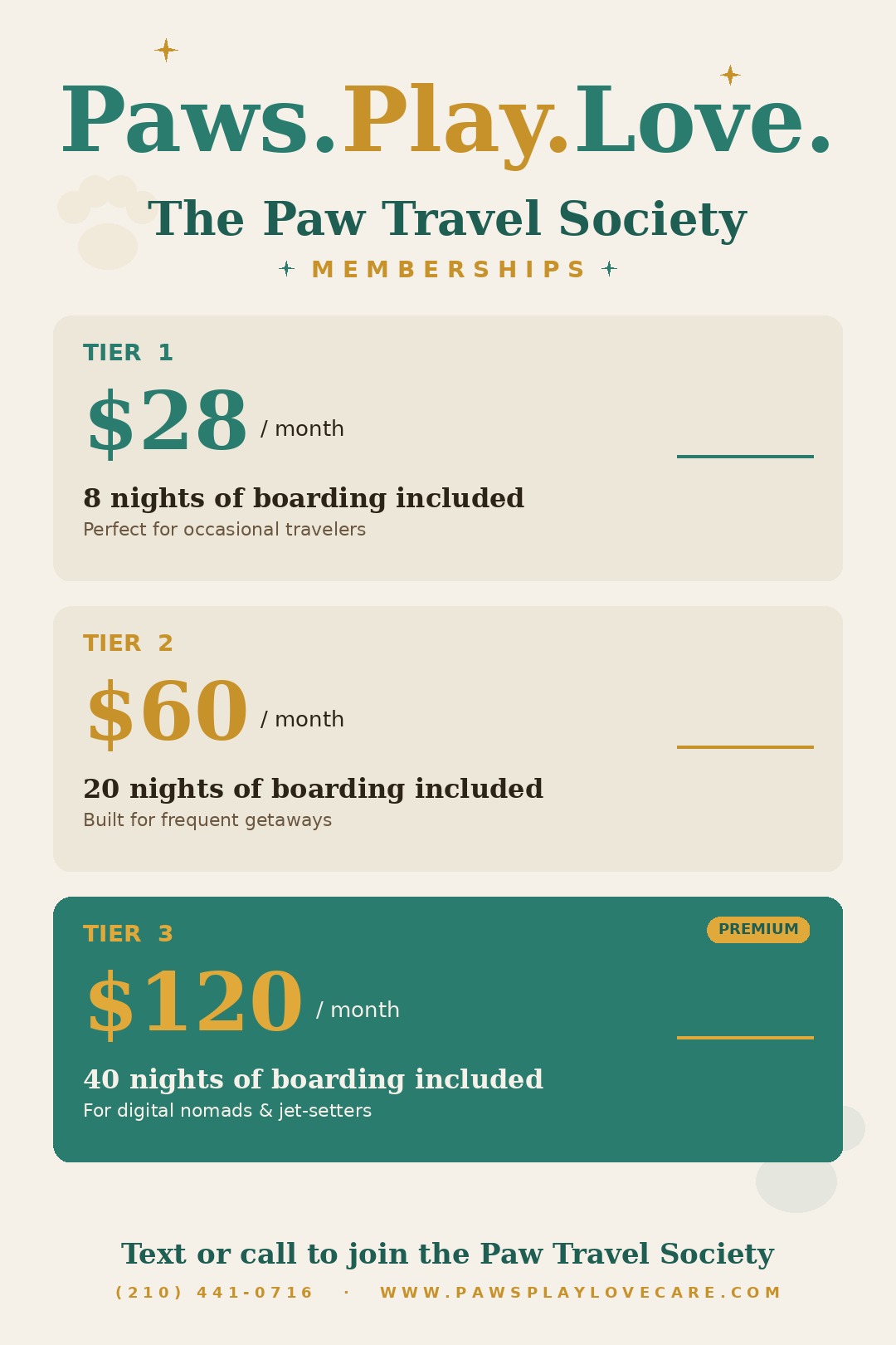 Paws. Play. Love. Paw Travel Society Memberships flyer showing Tier 1, Tier 2, and Tier 3 monthly options.