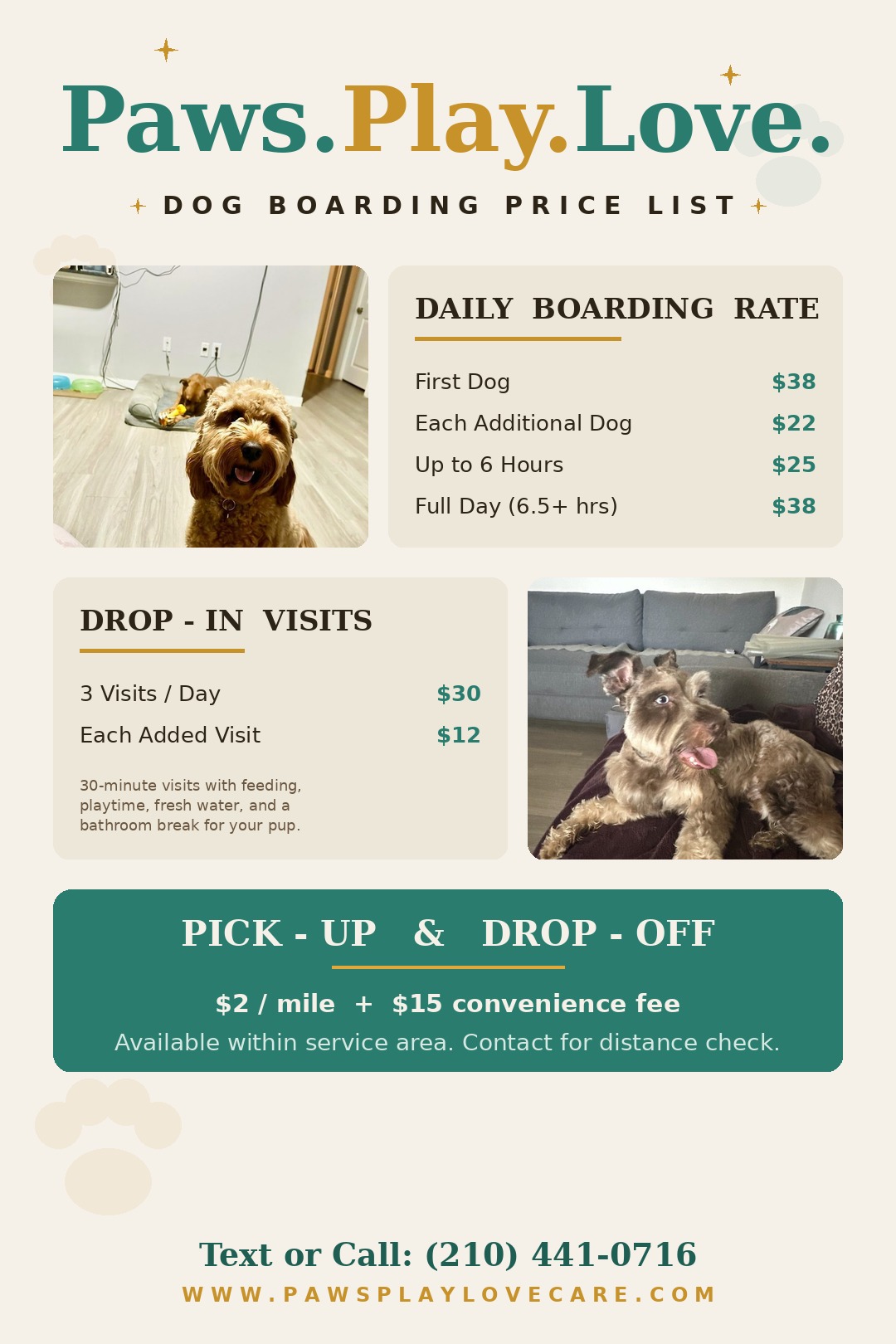 Paws. Play. Love. Dog Boarding Price List flyer showing daily boarding rates, drop-in visit pricing, and pick-up and drop-off fees.